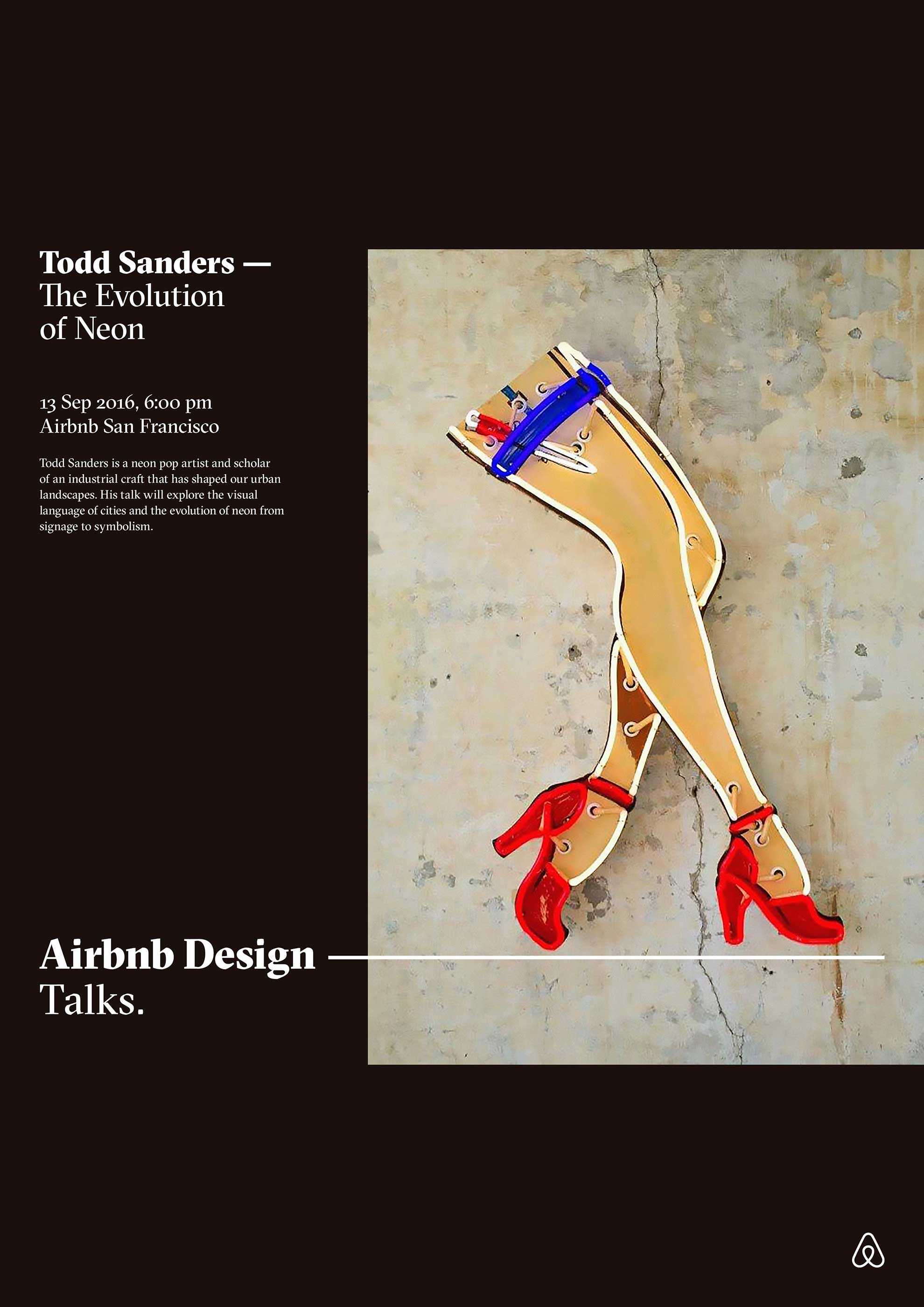 A design poster for the Todd Sanders Airbnb Design talk. The title reads, the evolution of neon.