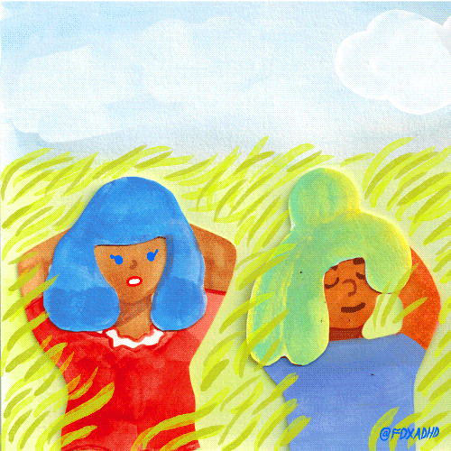 An illustrated animation of two girls with their hair blowing in the wind.