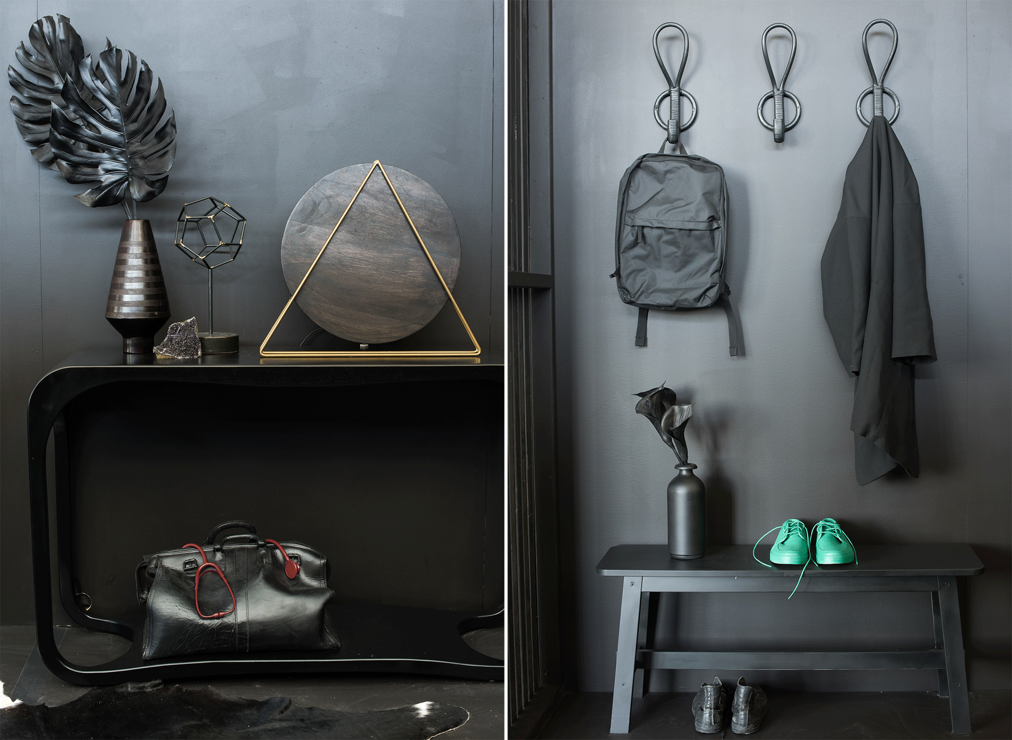A single pair of green shoes sitting amongst black and gray home decor.