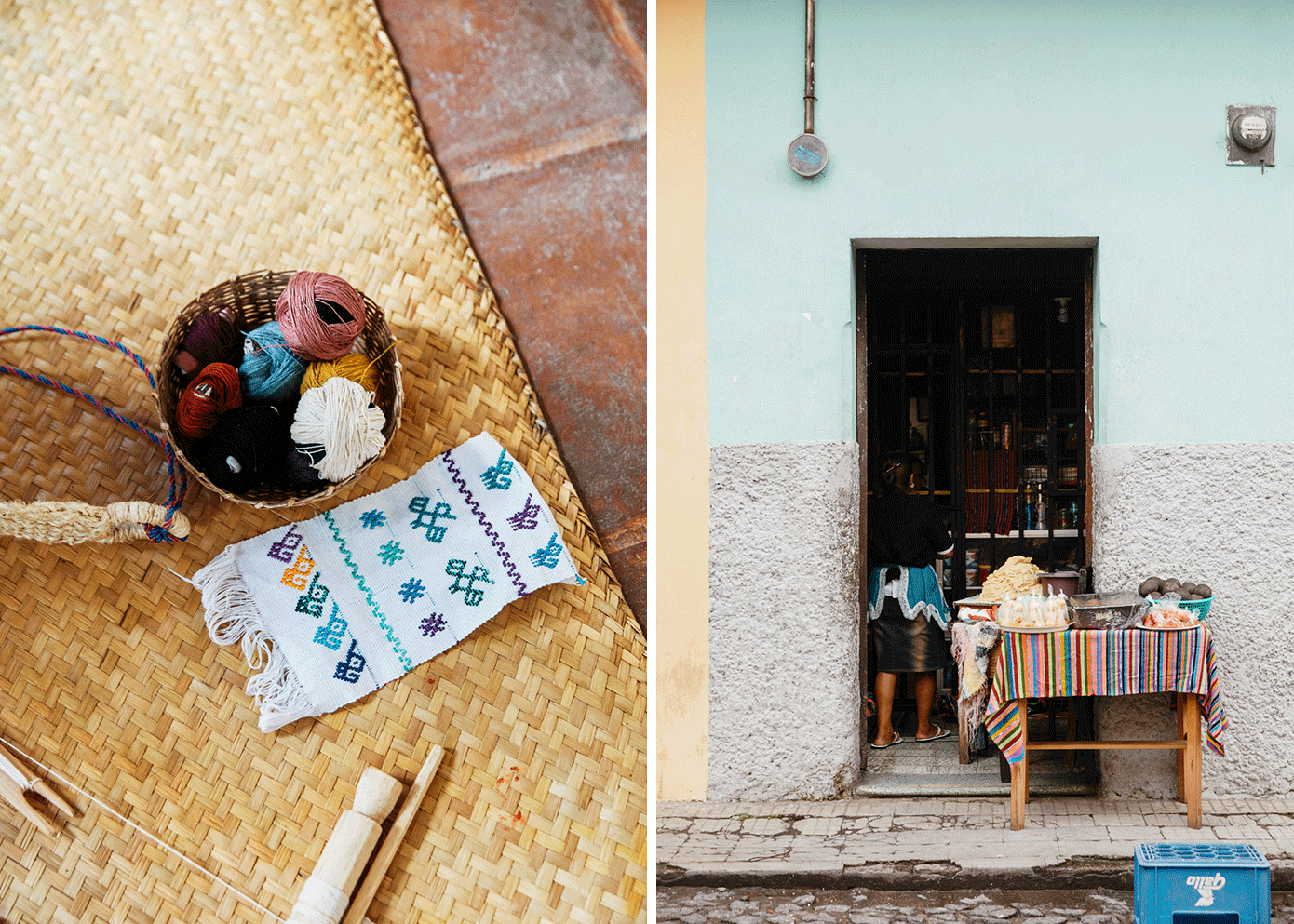 On the left, a basket of yarn on top of a bamboo rug. On the right, a table sitting in front of an open doorway.