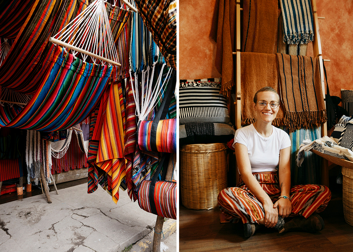 On the left, brighly colored woven hammocks hung in a store. On the right, a young woman sitting in front of woven textiles. 