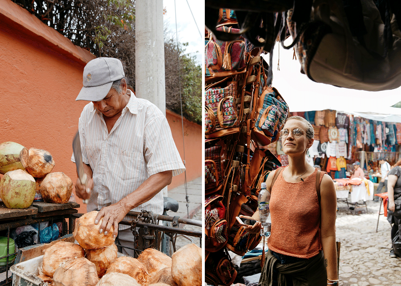 On the left, a man with a machete hacks at a coconut. On the right, a young woman stands in a market full of textile products.