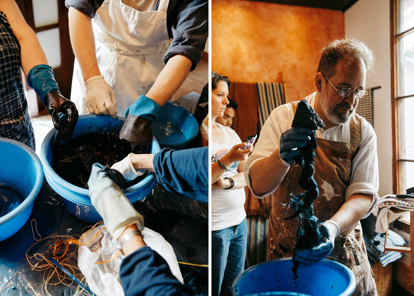 On the left, hands covered in plastic gloves reach into a bucket of dye. On the right, a man with plastic gloves wrings out a wet textile.